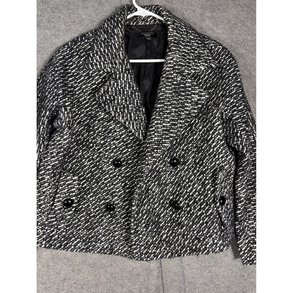 Talbots Womens 12P Black White Tweed Wool Alpaca Blend Double Breasted Pea Coat